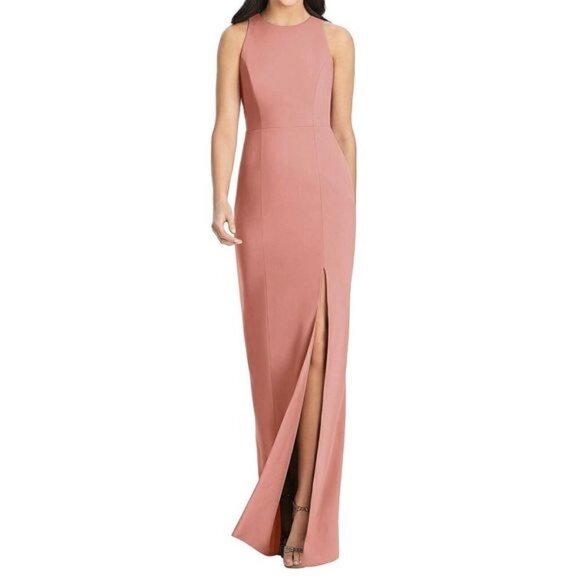 Dessy Collection Diamond Cutout Back Trumpet Gown Front Slit Desert Rose NWT - Picture 1 of 8
